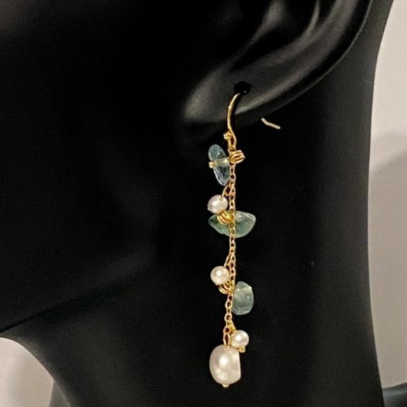 Tourmaline and Pearls on Gold Plated Copper Earrings - Picture 2 of 7